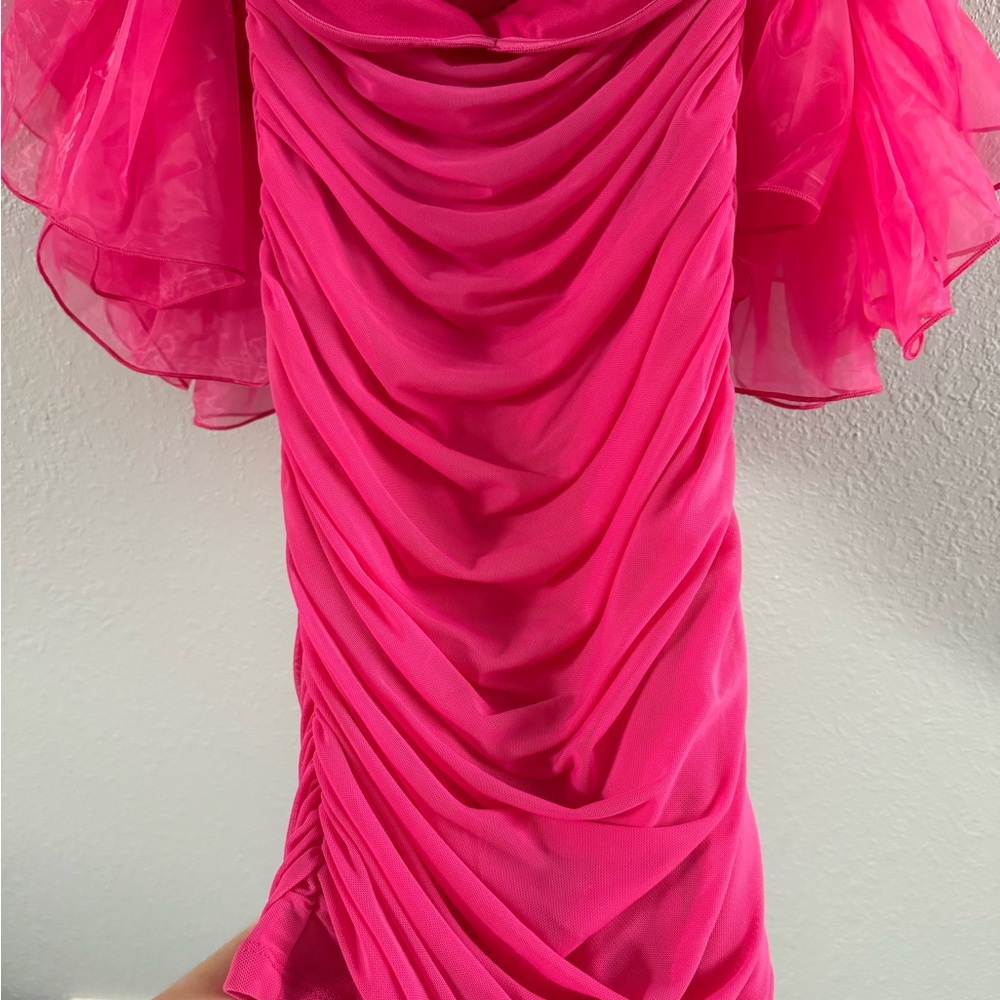 Off Shoulder
Exaggerated Ruffle Trim Ruched
Mesh Bodycon Rose Red - Picture 4 of 6